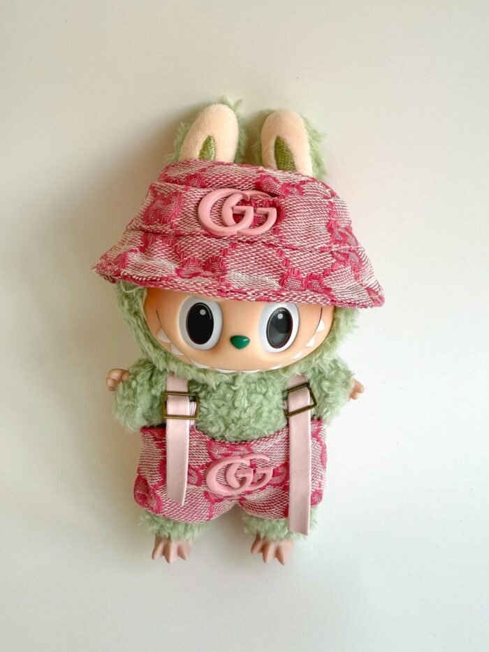 Labubu Pink Monogram Bucket Hat & Overalls Set - GG Inspired - Image 1