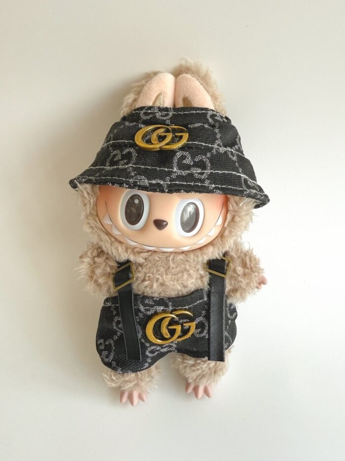 Labubu Black Monogram Bucket Hat & Overalls Set - GG Inspired - Image 1