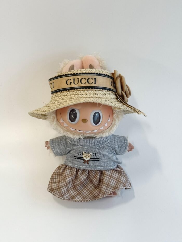 Labubu GG Inspired Straw Hat & Sweater Set with Plaid Skirt - Image 1