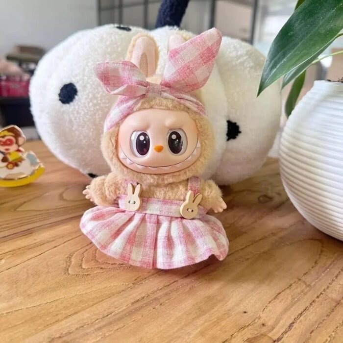 Handmade Labubu Plaid Pink Green Dress Outfit with Accessories - Image 3