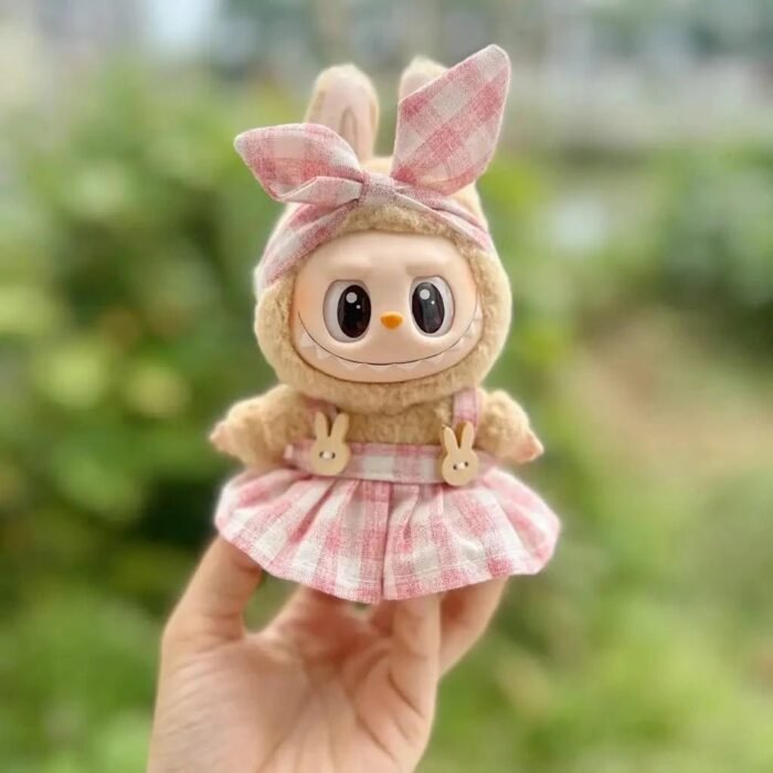 Handmade Labubu Plaid Pink Green Dress Outfit with Accessories - Image 5