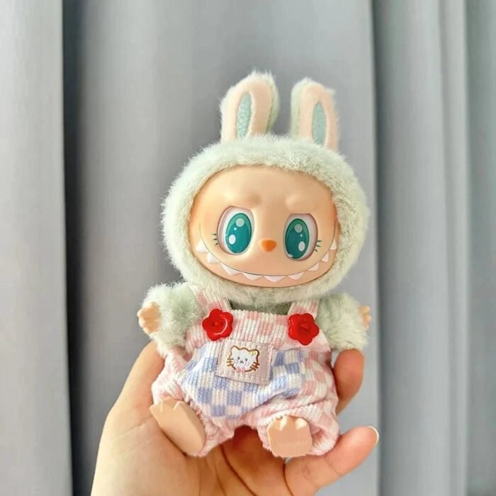 Handmade Labubu Summer Dungarees Checked Bear Outfit with Accessories - Image 2