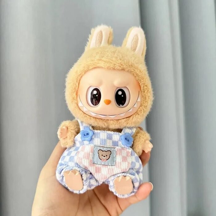 Handmade Labubu Summer Dungarees Checked Bear Outfit with Accessories - Image 3
