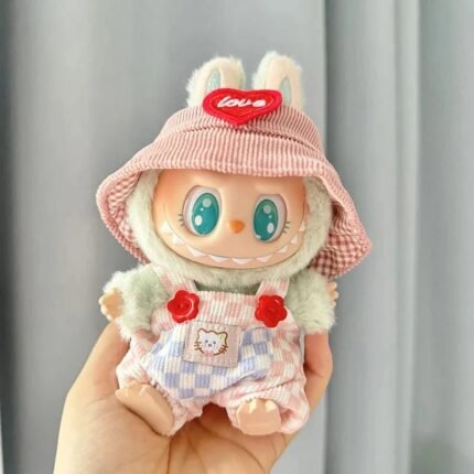 Handmade Labubu Summer Dungarees Checked Bear Outfit with Accessories
