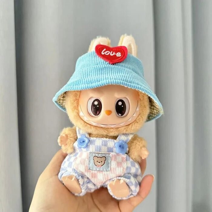 Handmade Labubu Summer Dungarees Checked Bear Outfit with Accessories - Image 4