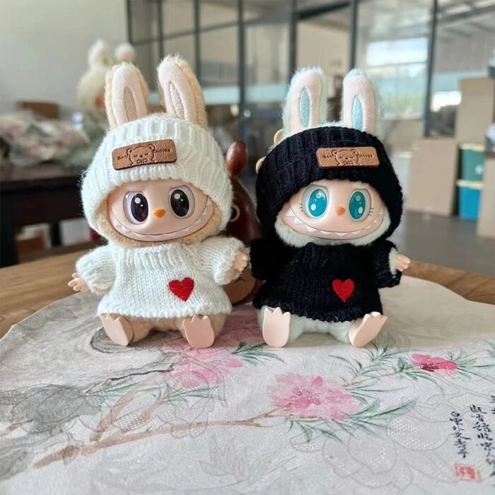 Handmade Labubu White Black Heart Cosy Knit Outfit - Image 1