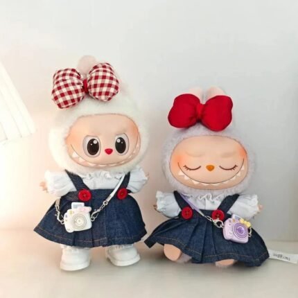 Handmade Red Bow Denim Dress Labubu Outfit
